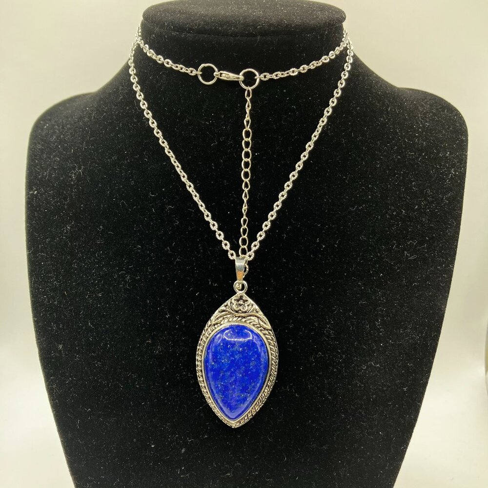 Lapis Lazuli Pendant Teardrop Shape Stainless Steel Diamond Cut Chain NEW